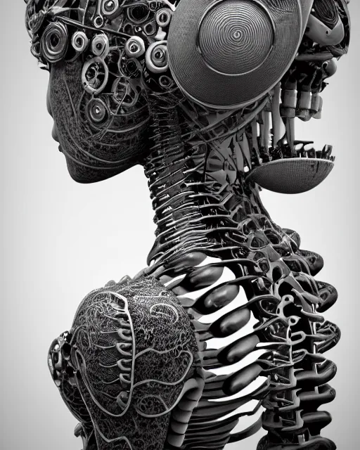 Image similar to mythical black and white organic bio-mechanical spinal ribbed profile face portrait detail of mechanical beautiful female angelic-vegetal-cyborg, highly detailed, intricate steampunk ornate, poetic, 3D render, digital art, octane render, 8K artistic photography, photo-realistic, by Dora Maar