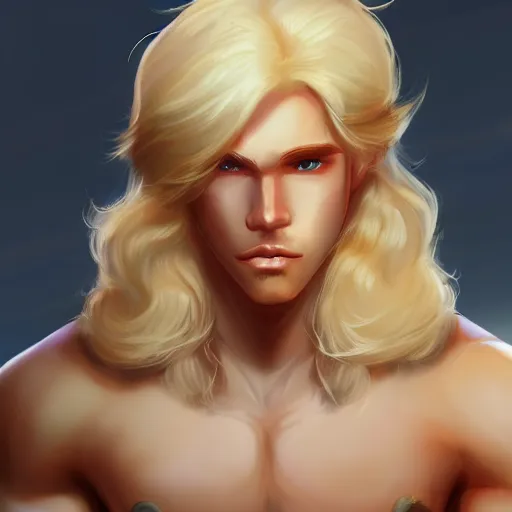 Prompt: the latest blond male beefcake from league of legends, extremely pale white skin and long fluffy blond curly hair, 4K, artstation