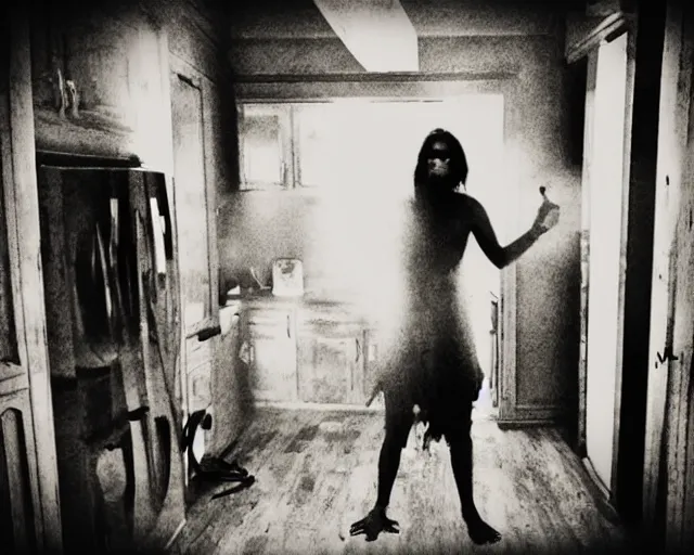 Image similar to horror demon evil transparent spirit attacks in kitchen interior photos shot on iphone, dynamic pose, middle body shot, sharp focus, grainy, corpse, paranormal flashlight, night, total darkness, poltergeist