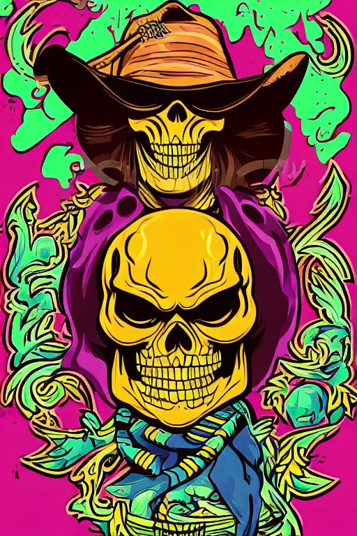 Image similar to A portrait of a skeletor that is a cowboy, sticker, colorful, illustration, highly detailed, smooth and clean vector curves, no jagged lines, vector art, smooth