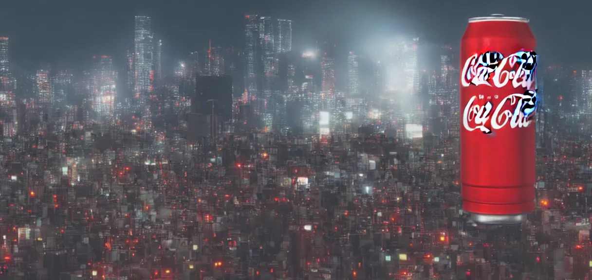 Prompt: A beautiful wide shot of an enormous anthropomorphic can of Coca-Cola that is rampaging, destroying the night city of Tokyo, cinematic, anamorphic 35 mm lens, cinematic, anamorphic lens flares 4k