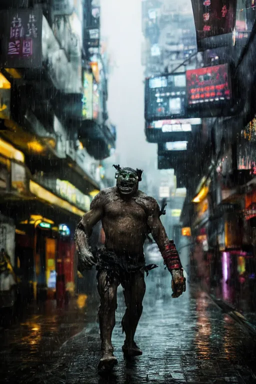 Image similar to a dynamic photograph of a orc warrior in a wet, dystopic Hong Kong bladerunner street. Realism.