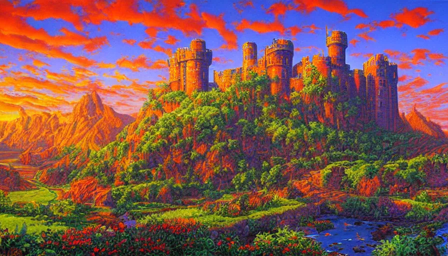 Prompt: landscape artwork of red castle covered in spikes, artwork by greg hildebrandt, vibrant colors