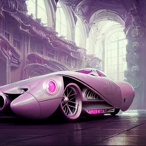 Image similar to cyborg cyber vintage supercar slick, pastel tones : by michal karcz, daniel merriam, victo ngai and guillermo del toro : ornate, dynamic, particulate, intricate, elegant, highly detailed, centered, artstation, smooth, sharp focus, octane render