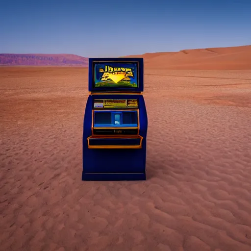 Image similar to a distant slot machine in the middle of a desert, wide shot, establishing wide shot, dark lighting, long exposure photography, slow shutter,