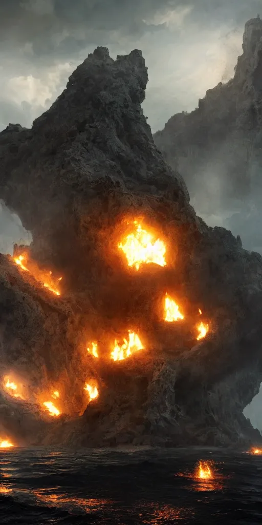 Image similar to Neil Blomkamp movie shot of a cave with a sinking pirate ship, masts and sails in fire, thick smoke, sunlight is coming from a hole above, very detailed, 8k, concept art