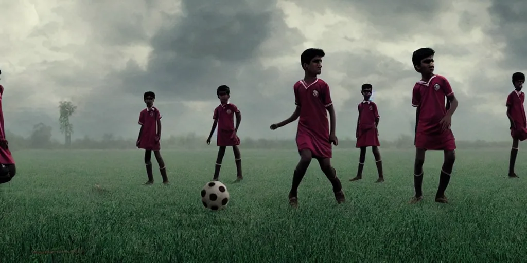 Prompt: kerala school boys playing football wearing girls dresses posing for a photo, an epic fantasy, dramatic lighting, cinematic, establishing shot, extremely high detail, photorealistic, cinematic lighting, artstation, matte painting by christopher nolan, horizon forbidden west