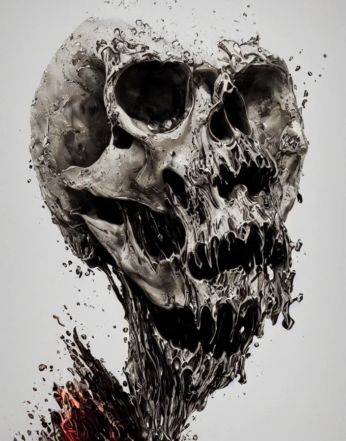 Prompt: portrait of a melting skull. razor sharp teeth. burning water distortions. intricate abstract. intricate artwork. by Tooth Wu, wlop, beeple, dan mumford. octane render, trending on artstation, greg rutkowski very coherent symmetrical artwork. cinematic, hyper realism, high detail, octane render, 8k, depth of field, bokeh. iridescent accents