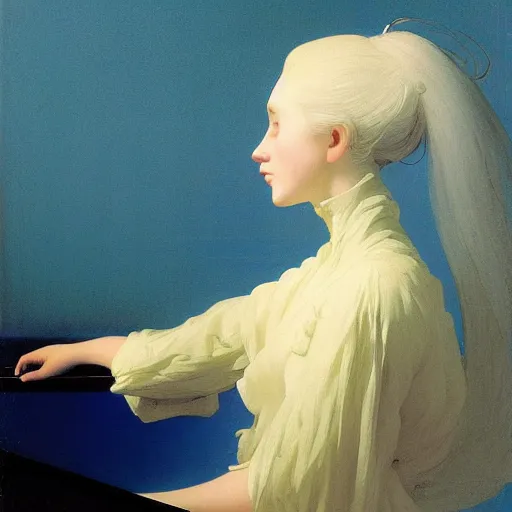 Image similar to young woman's face, her hair is white and she wears a cobalt blue duchesse satin cloak, by ivan aivazovsky and syd mead and moebius and roger dean and aelbert cuyp and willem claesz and pieter claesz and paul delaroche and alma tadema, hyperrealistic, volumetric light, octane