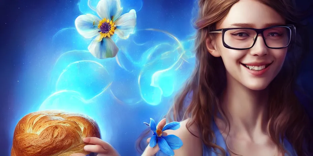 Prompt: epic professional digital art of a smiling bread toast wearing 👓 and a blue flower, best on artstation, cgsociety, wlop, cosmic, epic, stunning, gorgeous, much detail, much wow, masterpiece, backlight