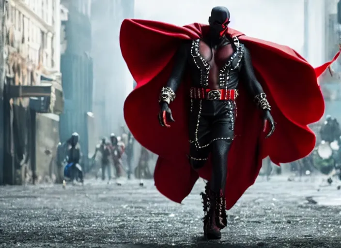 Image similar to film still of jamie foxx as spawn in the new spawn movie, giant chains, large cape, 8 k