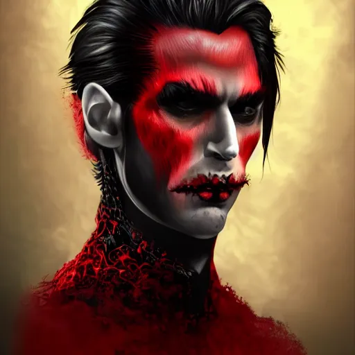 Image similar to a vampire, male, mid - 4 0 s aged, long, slicked black hair, clean shaven, in red and black, regal, high fantasy, realistic, highly detailed, full body shot, concept art, 8 k.