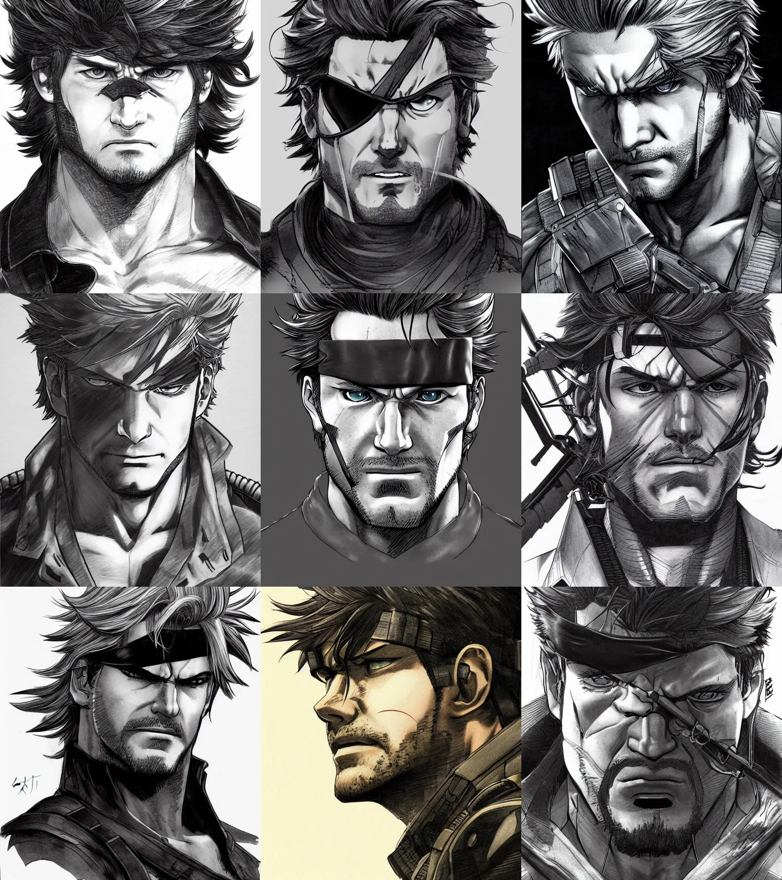 Prompt: portrait solid snake by yusuke murata and masakazu katsura, artstation, highly - detailed, cgsociety, pencile and ink, city in the background, dark colors, intricate details