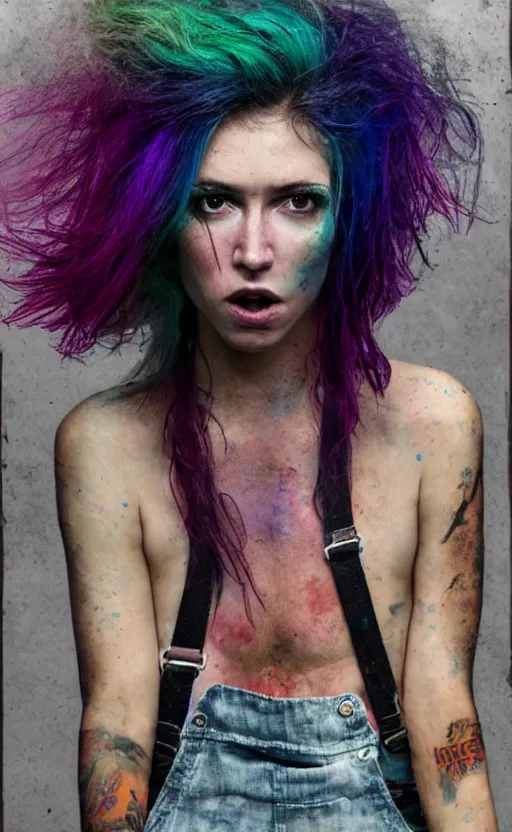 Prompt: hyper realistic photograph of a grungy woman with rainbow hair, drunk, angry, soft eyes and narrow chin, dainty figure, long hair straight down, torn overalls, short shorts, basic white background, side boob, in the rain, wet shirt, symmetrical, single person, style of by Jordan Grimmer and greg rutkowski, crisp lines and color,