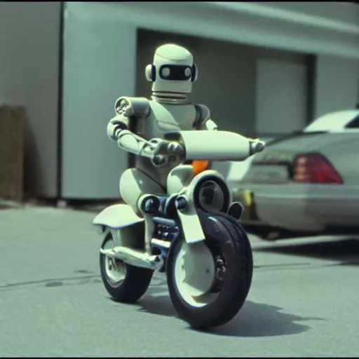Image similar to Film still of 'Robot Future 2050' (1990). Motorcycle chase scene. Sigma 85mm f/1.4