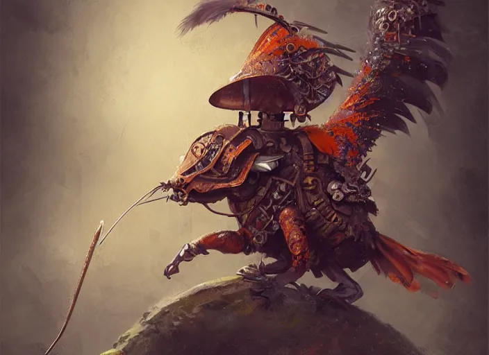 Image similar to ashigaru steampunk feathered mouse, colorful plumage, lacquered armor, polearm glaive, cute but determined, hard focus, art station, by jessica rossier and brian froud, cinematic, orange grey white