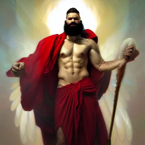 Prompt: portrait of a heavenly god, male, red and white and gold, masculine, beard, upper body, muscular, fantasy, intricate, elegant, dramatic lighting, highly detailed, digital painting, artstation, concept art, matte, sharp focus, illustration, art by artgerm and greg rutkowski and alphonse mucha