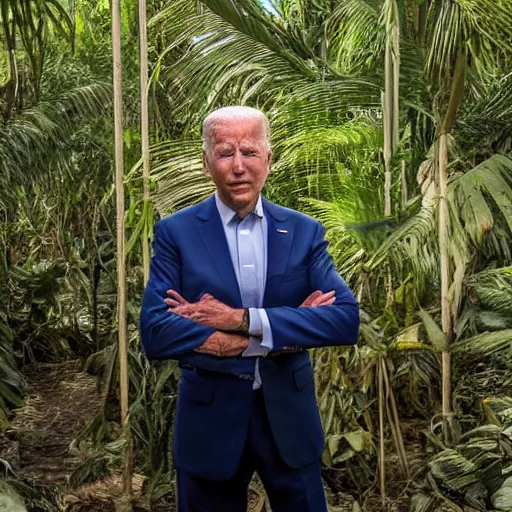 Prompt: 4 k portrait sony a 7 f 2. 8 wide angle of president joe biden as a taliban leader with a beard showering in a tropical jungle shower surrounded by secret agents