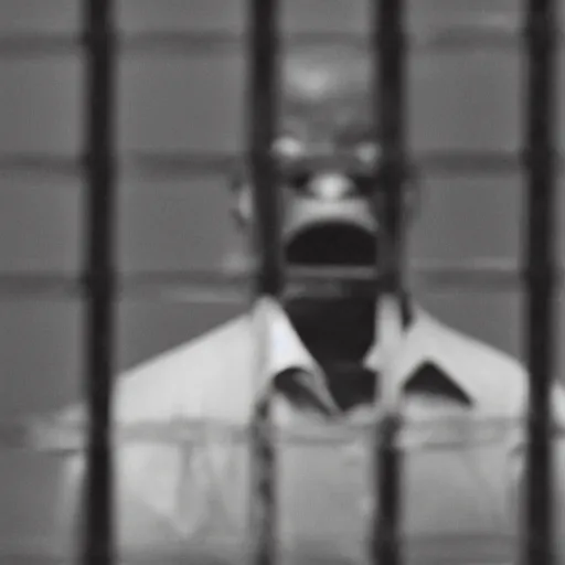 Image similar to A derelict dark photograph of the viewer looking at Steve Harvey who is behind metal bars in Jail