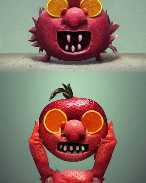 Prompt: a fruit figurine monster made of different fruit, staring eyes, open mouth, standing in a small town, concept art, oil painting, highly detailed, dramatic lighting, hyperrealistic, 8 k, smooth, intricate, artstation, cgsociety, by artgerm, by wlop