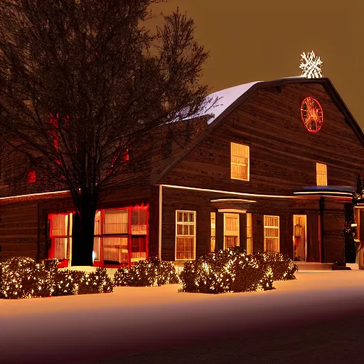 Image similar to christmas in a new england town physically based render, night backlit, 1 9 6 0 s