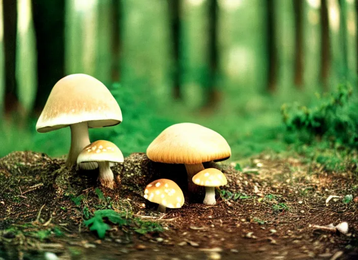 Image similar to a cute creature sitting next to a mushroom, cinestill 8 0 0 t 3 5 mm, high quality, heavy grain, high detail, panoramic, ultra wide lens, cinematic light, dramatic light, anamorphic