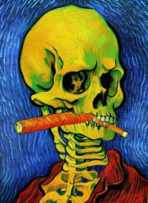 Image similar to a painted portrait of a rainbow skeleton smoking a cigarrette, by Vincent Van Gogh, artstation trending