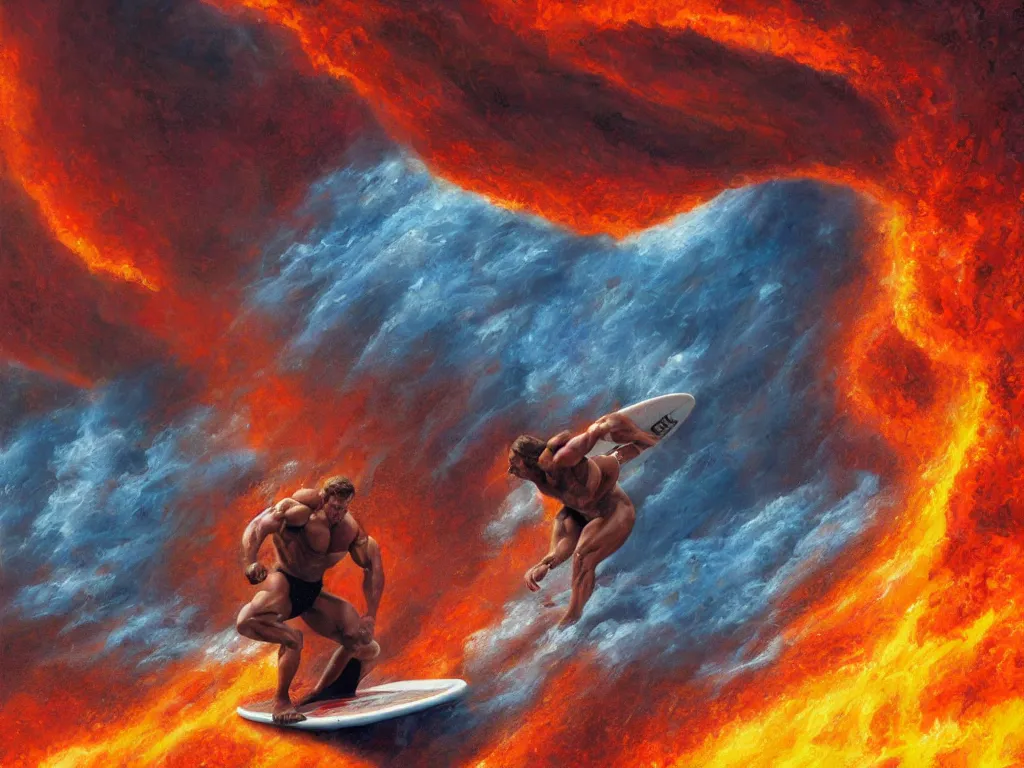 Image similar to detailed portrait of an arnold schwarzenegger surfing on lava wave by boris vallejo, stunning scene, 8 k, digital painting, hyperrealism, bright colors, trending on artstation