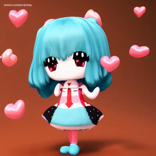 Image similar to cute fumo plush of a girl with a big heart, hair blocking eyes, twee, stylized pbr glinting, blob anime, bokeh, vray