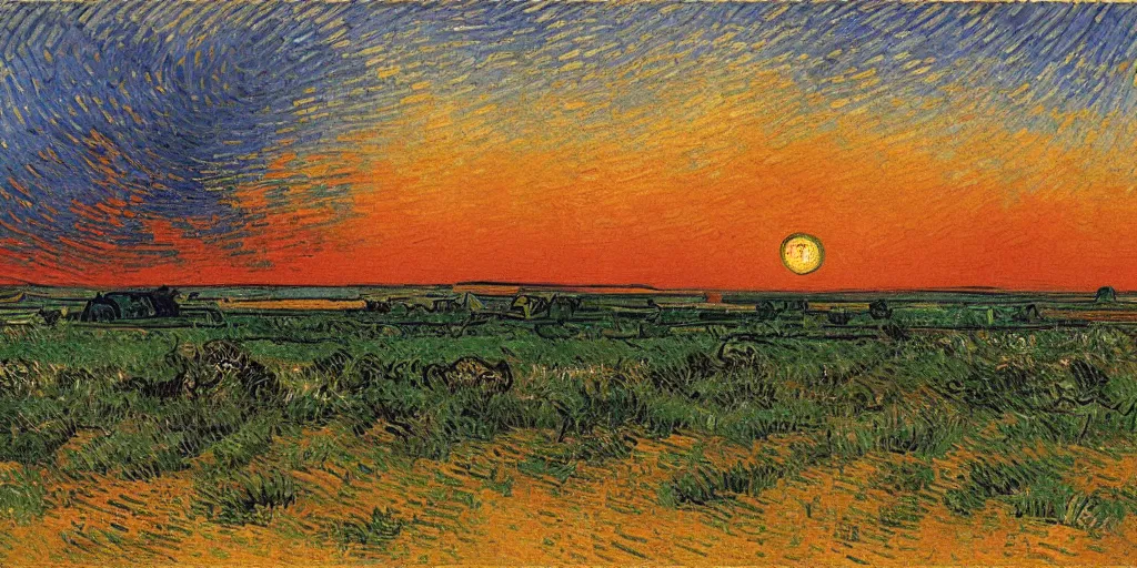 Prompt: a painting of an expansive african plain during a sunset by van gogh