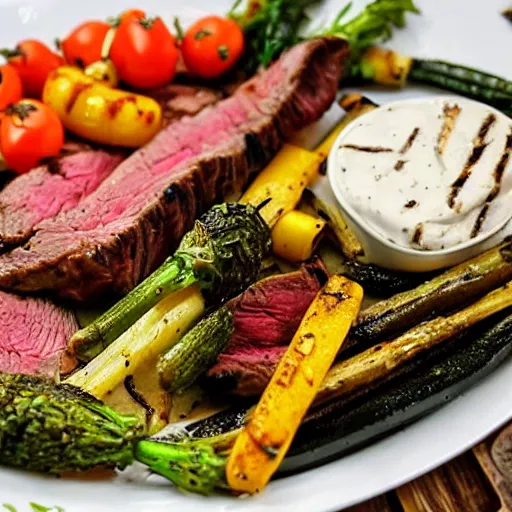 Image similar to delicious 3 2 mm zoomed in adversities photography of a large smoked and seasoned steak well done, with a side seasoned grilled vegetables top in a creamy mozzarella cheese sauce, on a hot platter, very delicious