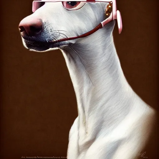 Prompt: A masterpiece portrait of a white brown greyhound. Greyhound is wearing aviation sunglasses. Very detailed. intricate, elegant, highly detailed. trending on artstation, digital art, by Stanley Artgerm Lau, WLOP, Rossdraws, James Jean, Andrei Riabovitchev, Marc Simonetti, Yoshitaka Amano