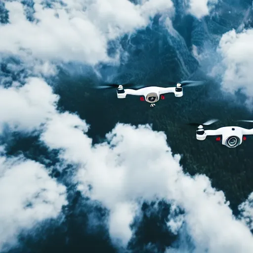 Image similar to cinematic areal shot of three drones flying through the clouds