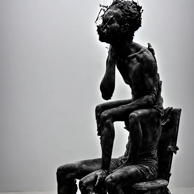 Image similar to a sculpture of a person sitting on top of a chair, a white marble sculpture by nicola samori, behance, neo - expressionism, marble sculpture, apocalypse art, made of mist