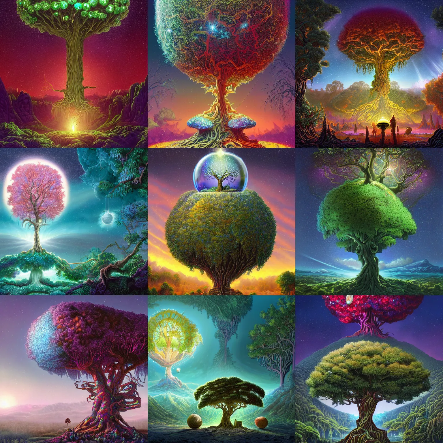 Prompt: a masterpiece!! matte painting of a beautiful! tree with a shining opal! in its' center and opulent crystal fruit set within an alien! landscape, by Pail Lehr and Dan Mumford and Dan Hillier, vray rendered, 8k resolution, enormous scale