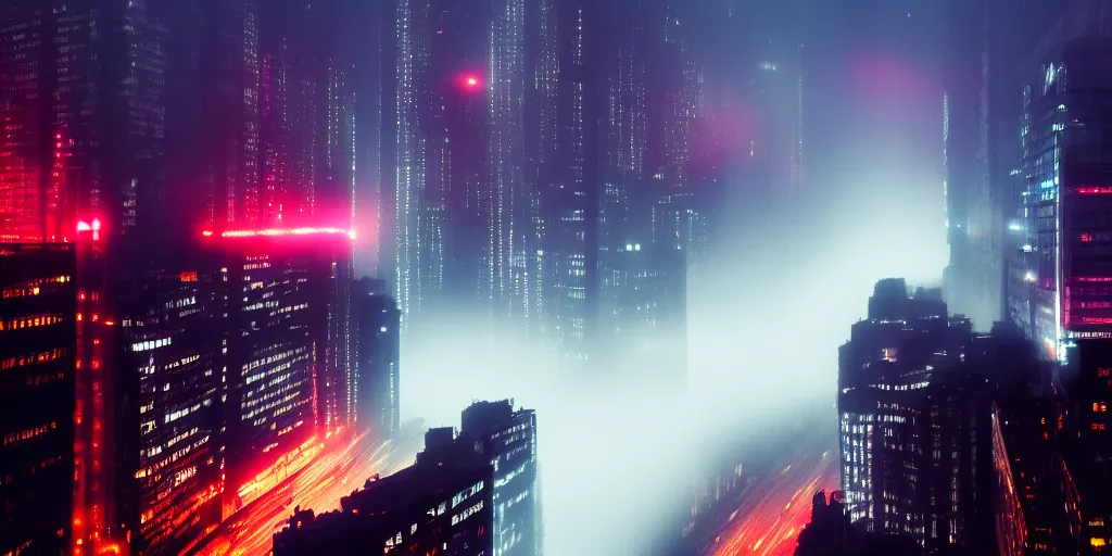 Image similar to megacity streets seen from above, neon signs, giant screens, eerie fog, blade runner, ex machina