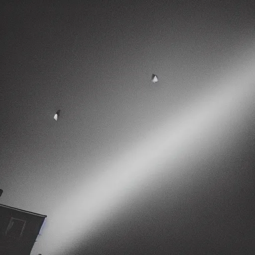 Image similar to film photography, ufo floating in the sky, beam of light coming down, alien abduction, dark, night, ufo lights, area 5 1 vibes, film grain, award - winning photo