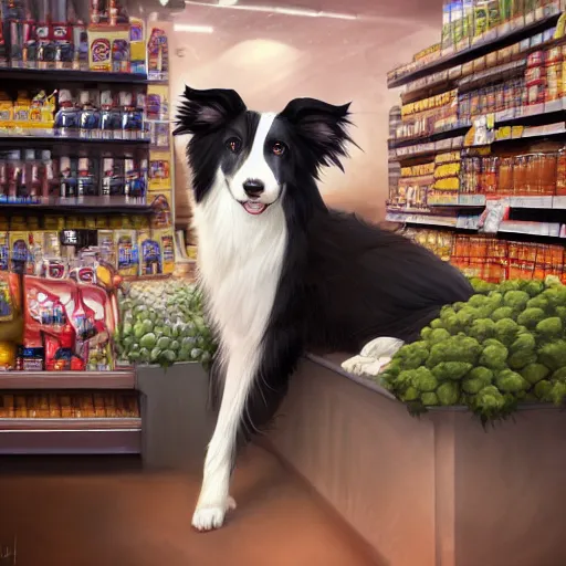 Image similar to wide angle beautiful full body portrait of a cute male anthropomorphic anthro border collie fursona wearing cowboy outfit in a grocery store, character design by charlie bowater, henry asencio, and ross tran, furry art, furaffinity, beautiful, glamor pose, detailed, aesthetic, trending on artstation