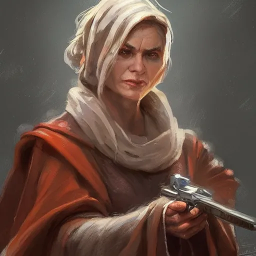 Prompt: portrait of a jedi master woman by greg rutkowski, french features, smirk, jedi robes, star wars expanded universe, she is about 6 0 years old, wearing jedi robes, highly detailed portrait, digital painting, artstation, concept art, smooth, sharp foccus ilustration, artstation hq