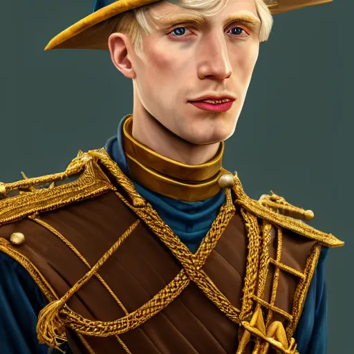 Prompt: A Crusader Kings II portrait of a blond young English man with high cheekbones. Good bone structure. Dressed in 1940s style. Highly detailed, fine Art, high detail, great lighting, 8k resolution, masterpiece, concept art, illustration, clear eyes, painting oil on canvas, octane render, HDR, trending on artstation, 4k, 8k, HD