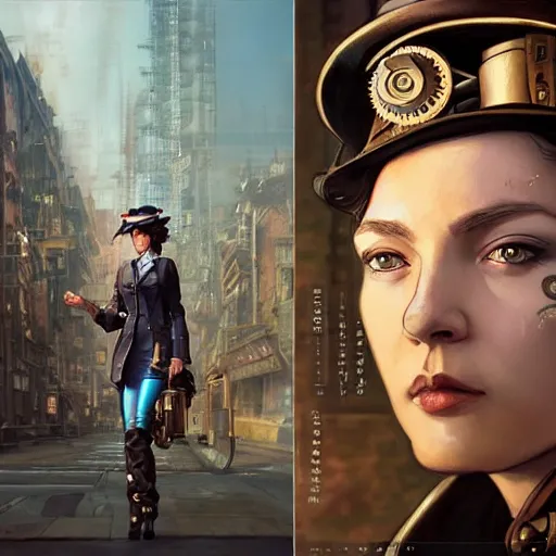 Image similar to A steampunk very detailed policewoman with highly detailed face on the street of a very highly detailed steampunk city art by Greg Rutkowski, neofuturistic highly detailed, digital concept art, Dimensional cyan gold natural light, sharp focus, Golden Ratio illustration, realistic concept art by Stephen Hickman and James Gurney and Hiromasa Ogura Ghost in the Shell rendered in Octane Render