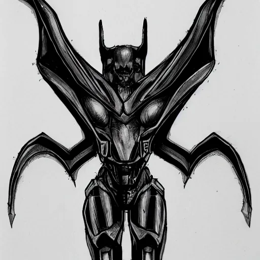 Prompt: ink drawing of a cybernetic bat standing menacingly, trending on artstation