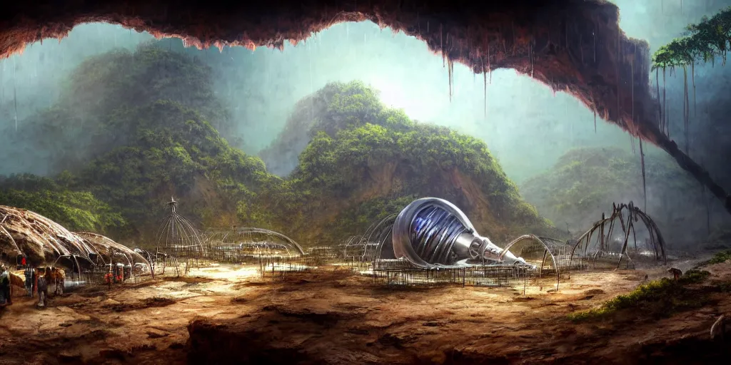 Prompt: a chrome bipdel conical drill visits a rusted cave mouth in the jungle, retrofuturistic, matte oil painting, speleothems, merchant tents, salt dunes, science fantasy, rpg, epic, extremely detailed, sharp focus, 4 k