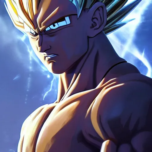 Image similar to vladimir putin became super saiyan, dragon ball style, cinematic lighting, highly detailed, concept art, art by wlop and artgerm and greg rutkowski, masterpiece, trending on artstation, 8 k