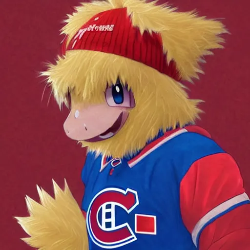 Image similar to anime Portrait of Youppi the Habs Montreal Canadiens Mascot as a very cute powerful and friendly pokemon, highly detailed anime, high evolution, 1990s, legendary, smooth, sharp focus, dynamic lighting, intricate, trending on ArtStation, illustration pokemon, art by WLOP