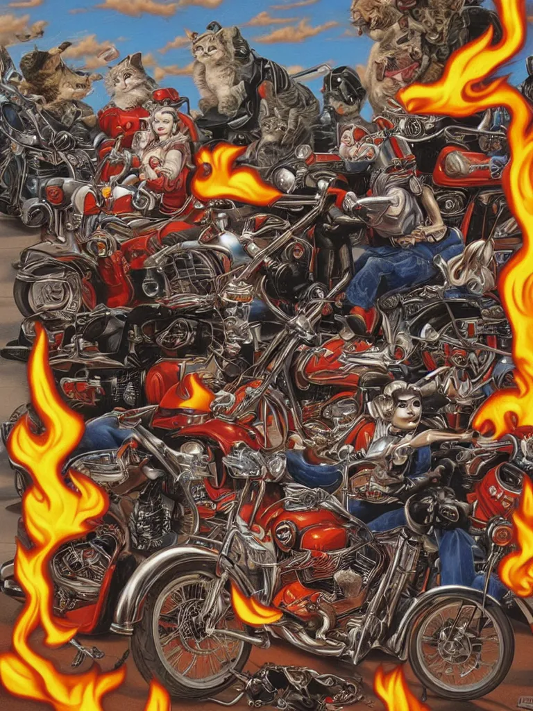 Prompt: a cat riding Harley Davidson on fire Mark Ryden and Alex Gross, Todd Schorr highly detailed