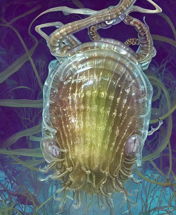 Prompt: intricate opulent transparent clear see - through portrait of a terrifying beautiful male human isopod sea slug, mottled coloring, adorable, childlike, overgrown biopunk jungle environment, ultra realistic, concept art, art nouveau, photorealistic, octane render, 8 k, unreal engine. art by christopher marley and artgerm and greg rutkowski and alphonse mucha