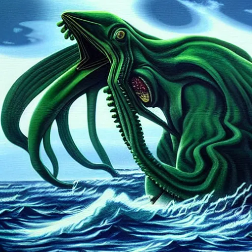 Image similar to hyperealistic painting of cthulhu is fighting many gods in a ocean that is in space, and cthulhu is wreaking havoc and causing the structure of the ocean to collapse