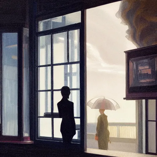 Prompt: silhouette of Elle Fanning in the world of Edward Hopper, stormy weather, extremely detailed masterpiece, oil on canvas, low-key neon lighting, artstation, Blade Runner 2049, Roger Deakin’s cinematography, by J. C. Leyendecker and Peter Paul Rubens,