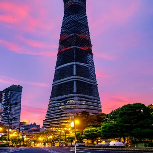 Image similar to landscape of Tokyo with a tower at sunset